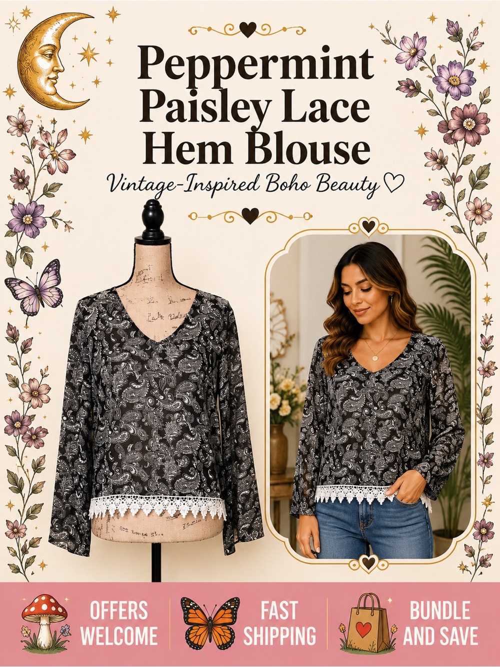 Peppermint Black White Paisley Print Blouse Lace Hem Long Sleeve Top Size Medium